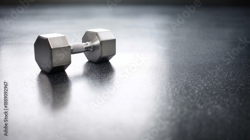 weightlifting. Single weightlifting dumbbell on a gym floor, showcasing metal...