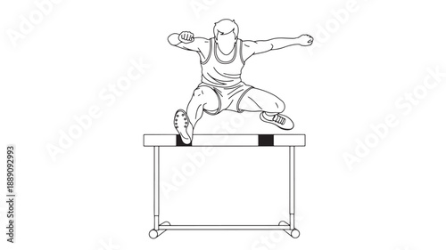 A dynamic sketch depicts an athlete mid jump clearing a hurdle during a track and field event