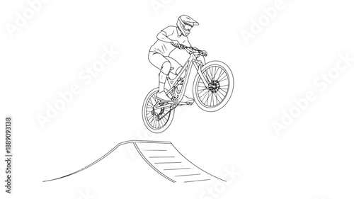 A dynamic line drawing depicts a mountain biker performing a jump over a dirt ramp high quality