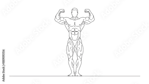 A detailed line drawing depicts a muscular man flexing his biceps showcasing defined anatomy and physique