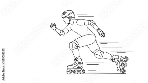 A dynamic line drawing depicts a figure inline skating at high speed showcasing motion and athleticism