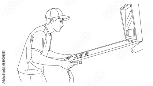 A sketch depicts a man using a metal detector scanning for objects in a field or open space