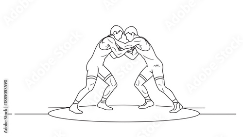 A black and white line drawing depicts two male wrestlers engaged in a close grapple on a mat