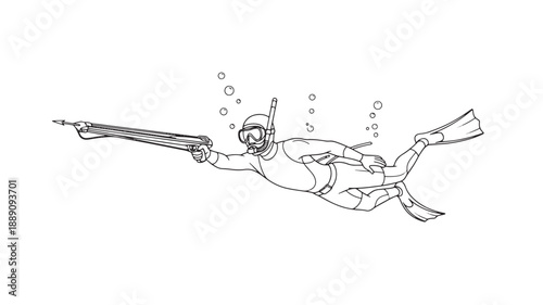 A detailed line drawing depicts a spearfisher swimming underwater aiming a long speargun forward high quality professional