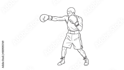 A detailed line drawing depicts a male boxer in mid punch showcasing athletic form and dynamic movement