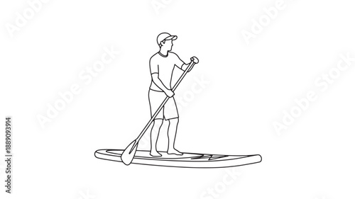 A simple line drawing depicts a man stand up paddle boarding on calm water showcasing a recreational activity, calm water outdoor leisure activity, stand up paddle sport concept