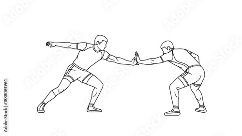 A simple line drawing depicts two male figures engaged in a dynamic physical confrontation possibly boxing