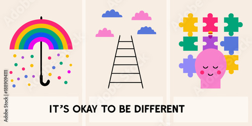 Colorful illustrations of a rainbow ladder and brain with puzzle pieces