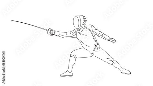 A detailed line drawing depicts a fencer in action poised with their sword extended forward high quality