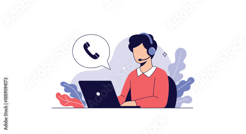 Professional customer support representative wearing a headset and working on a laptop with a phone icon in a bubble.