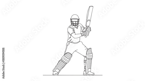 A detailed line drawing depicts a cricket batsman in full gear poised to hit the ball