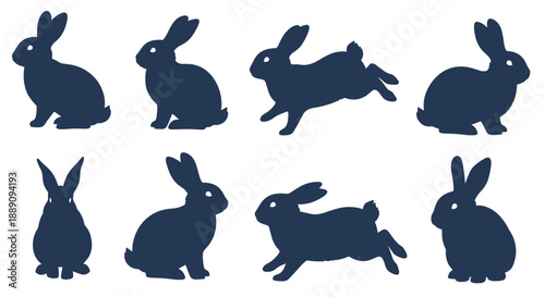 Silhouette collection of eight rabbits in various natural poses such as sitting and jumping against a white background.