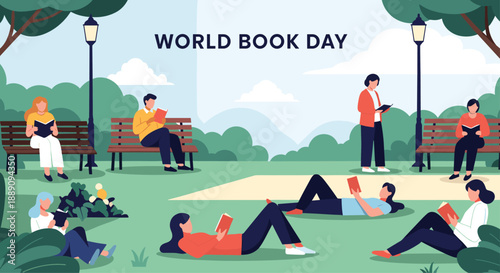 Diverse group of people celebrating World Book Day by reading in a beautiful green public park on benches and grass.