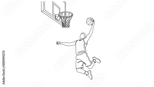 A minimalist line drawing depicts a basketball player in mid air preparing to dunk the ball