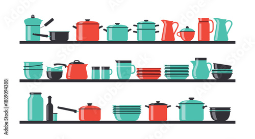 Neat shelves filled with various colorful kitchenware including pots, pans, plates, bowls, pitchers, and jars in flat style.