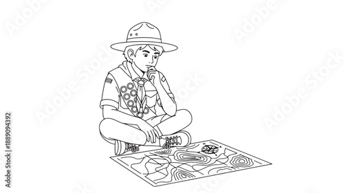 A black and white illustration depicts a young boy scout contemplating a map while sitting cross legged