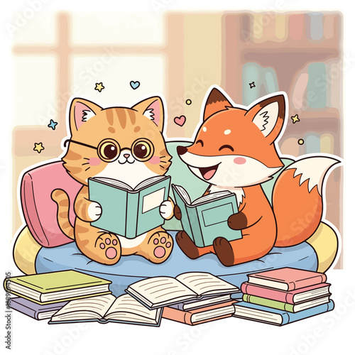 Cozy Cat and Fox Reading Together