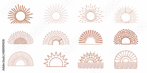 a collection of various sun icons in different line art styles and patterns
