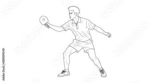 A black and white line drawing depicts a male athlete intensely focused while playing table tennis