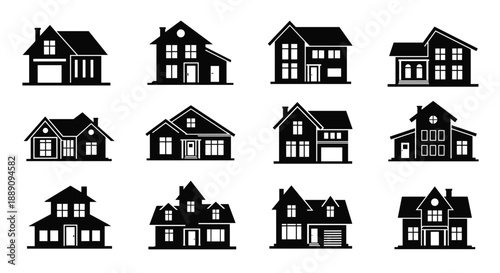 Collection of twelve black house icons representing various residential architectural styles and home designs.