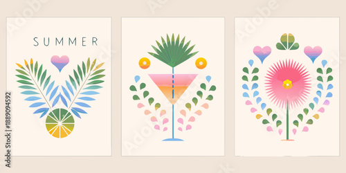 Stylized summer themed artwork featuring tropical leaves drinks and floral designs