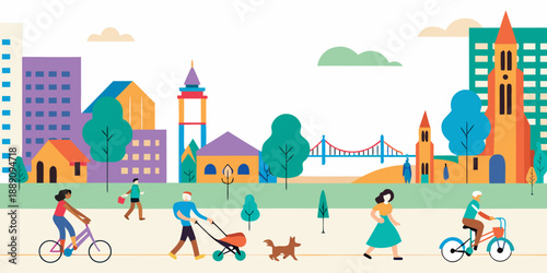 A vibrant cityscape scene with people enjoying a park and urban life