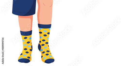 Legs of a person wearing bright yellow socks with blue polka dots and dark blue cuffs and toes on white.