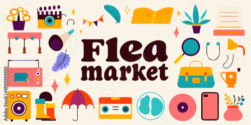 Colorful illustration depicting various objects associated with a flea market theme