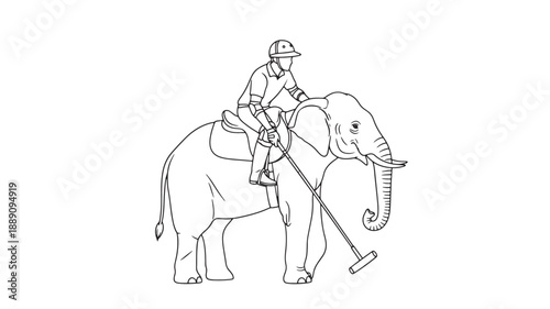 A black and white illustration depicts a person riding an elephant while playing polo with a mallet