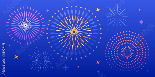 Vibrant fireworks and stars exploding in a dark blue night sky