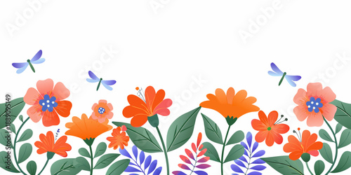 A vibrant floral arrangement with delicate blue dragonflies fluttering among blossoms