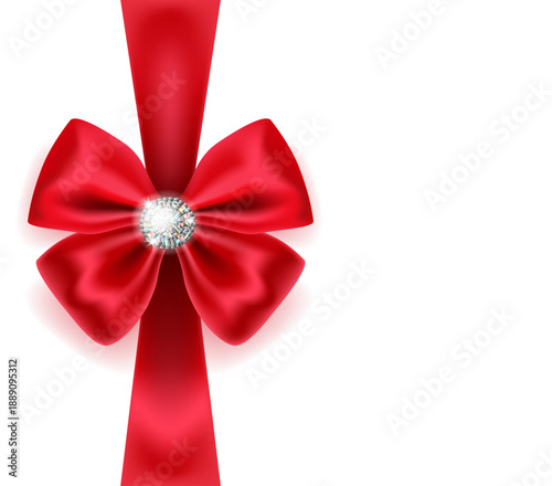 Realistic red bow with ribbons and a diamond in the middle. Vector image on a white background. Gift bow.