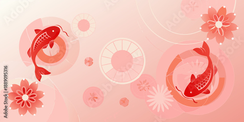 Red koi fish swim amongst pink floral circles in a soft design