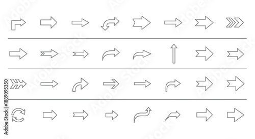 A collection of various linear arrow icons depicting different directions and curving pathways displayed in rows