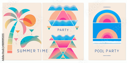 Summer time party and pool party colorful geometric posters