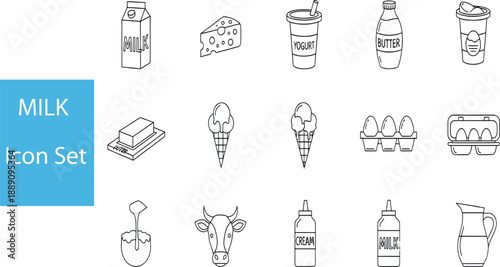 Print Perspective Line Icon Set of Dairy and Poultry Products Featuring Milk Cartons Butter Sticks Eggs and Cow Head Illustration