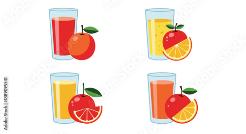 Four sets of fruit juice glasses with different colored liquids beside their respective whole fresh fruit.