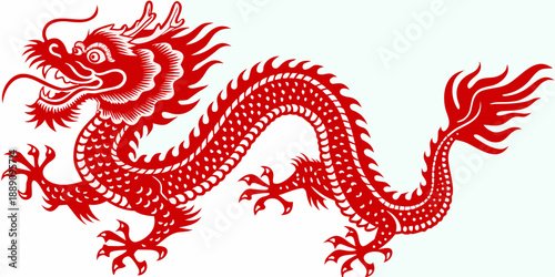 A vibrant red traditional chinese dragon illustration with intricate scale details