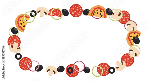 Decorative oval frame made of various pizza ingredients like pepperoni, mushrooms, olives, and onions.