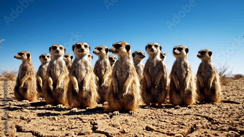 Meerkat Colony Stands Alertly in Arid Desert Landscape