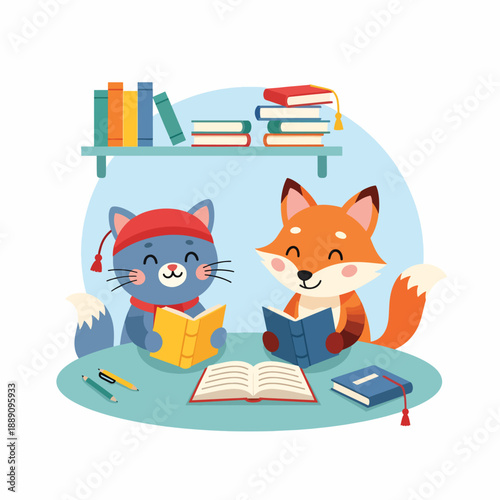 Cat and Fox Reading Together