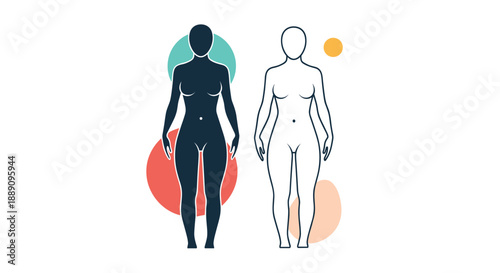 Artistic representation of female silhouettes with geometric shapes exploring themes of body positivity, health, and identity in women.