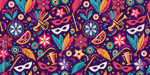 A vibrant seamless pattern featuring carnival masks feathers and musical instruments