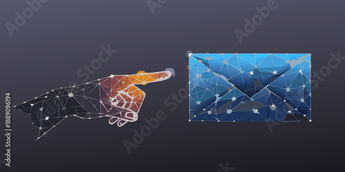 Abstract polygonal hand pointing towards a geometric blue square design
