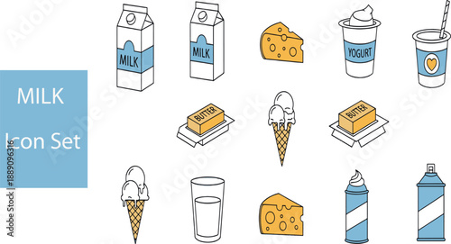 Print Flat Color Line Icon Set of Dairy Products Featuring Blue Milk Cartons Cheese Slices Yogurt Cups and Yellow Butter Sticks