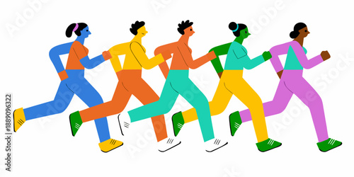 A diverse group of people running together illustrated in a colorful modern style