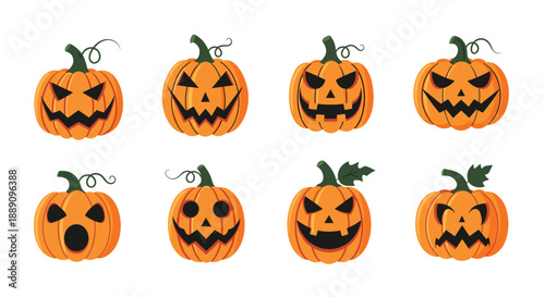 Collection of eight carved Halloween pumpkins with various spooky and funny Jack-o-lantern expressions for seasonal holiday decor.