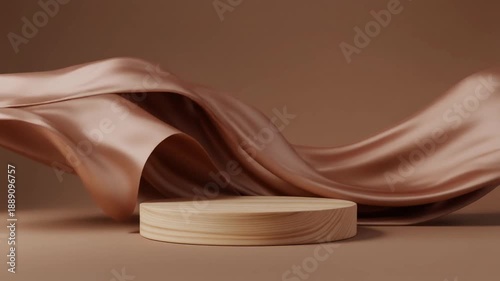 Wood Pedestal with Flowing Fabric – Elegant Motion in Earth Tones
