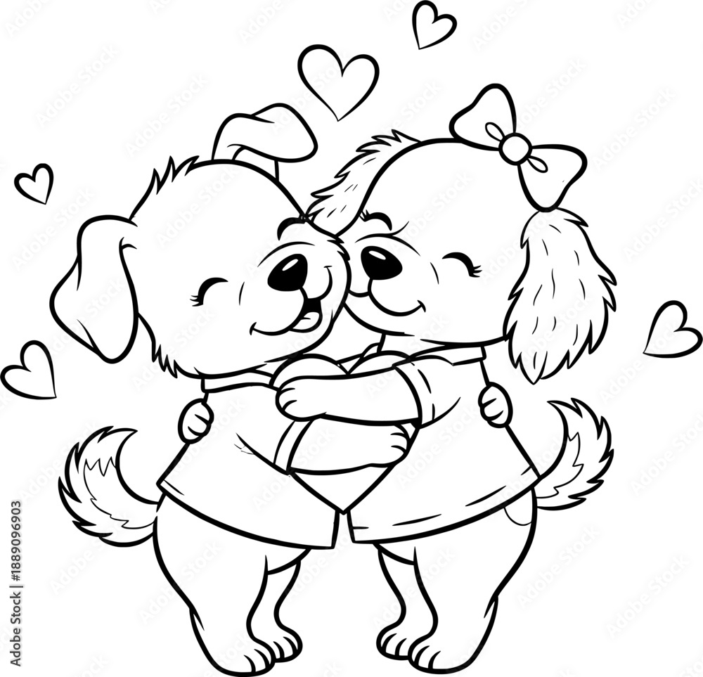 Obraz premium Black and white line art of cute cartoon dogs hugging under a heart. Vector illustration for coloring page.