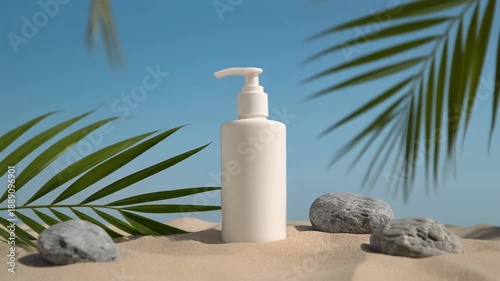 White Pump Bottle on Sand – Tropical Skincare Serenity